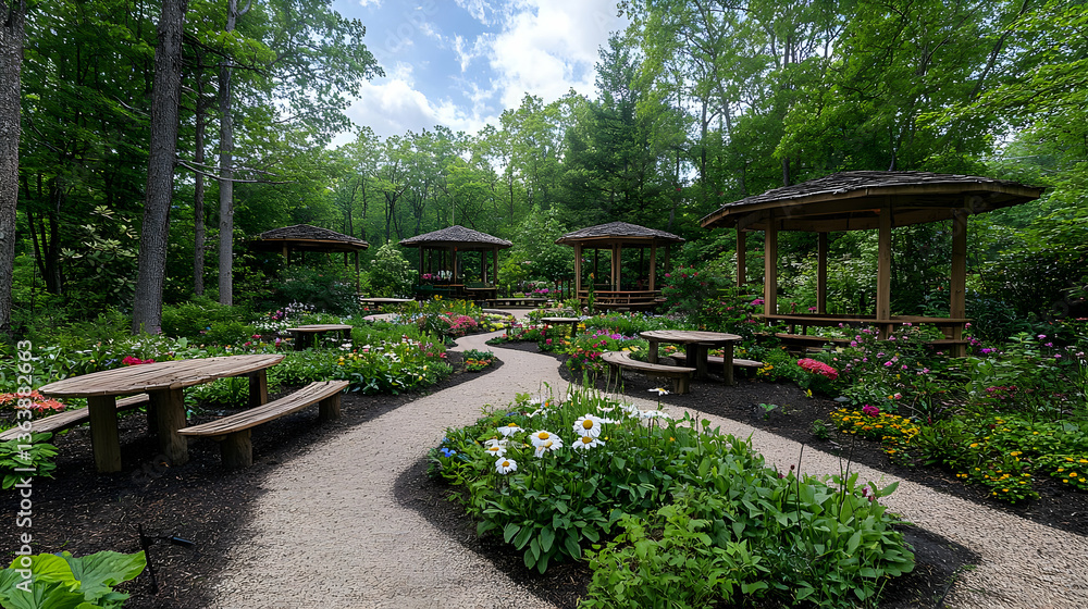 Fototapeta premium Picturesque Garden Scene Featuring Wooden Picnic Tables Shaded Arbors Colorful Flower Beds And Gravel Path Under Lush Green Foliage