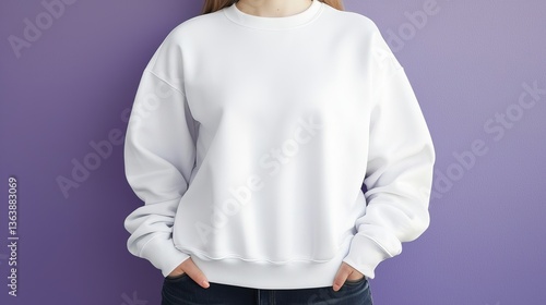Wallpaper Mural Woman wearing a plain white sweatshirt against a purple background. Torontodigital.ca