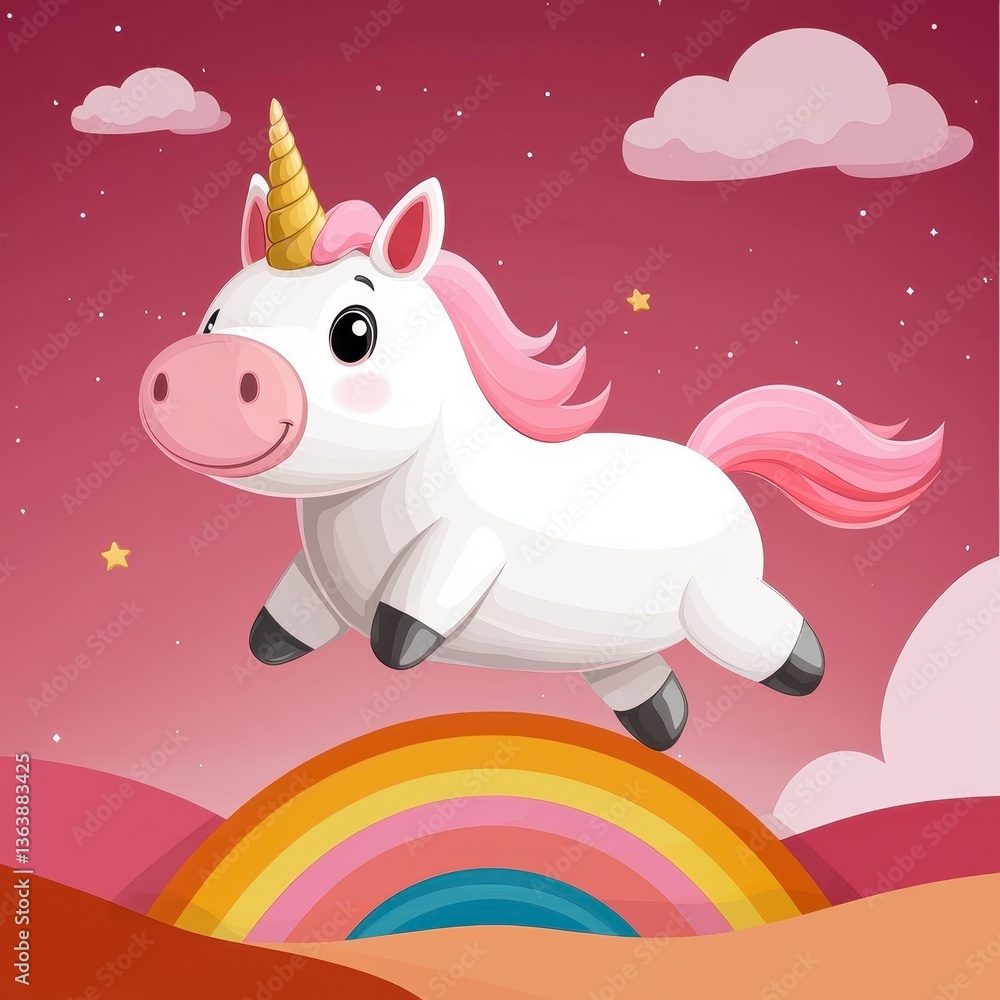Joyful White Unicorn Leaps over Rainbow in Dusky Pink Sky Joyful White Unicorn Leaps over Rainbow in Dusky Pink Sky