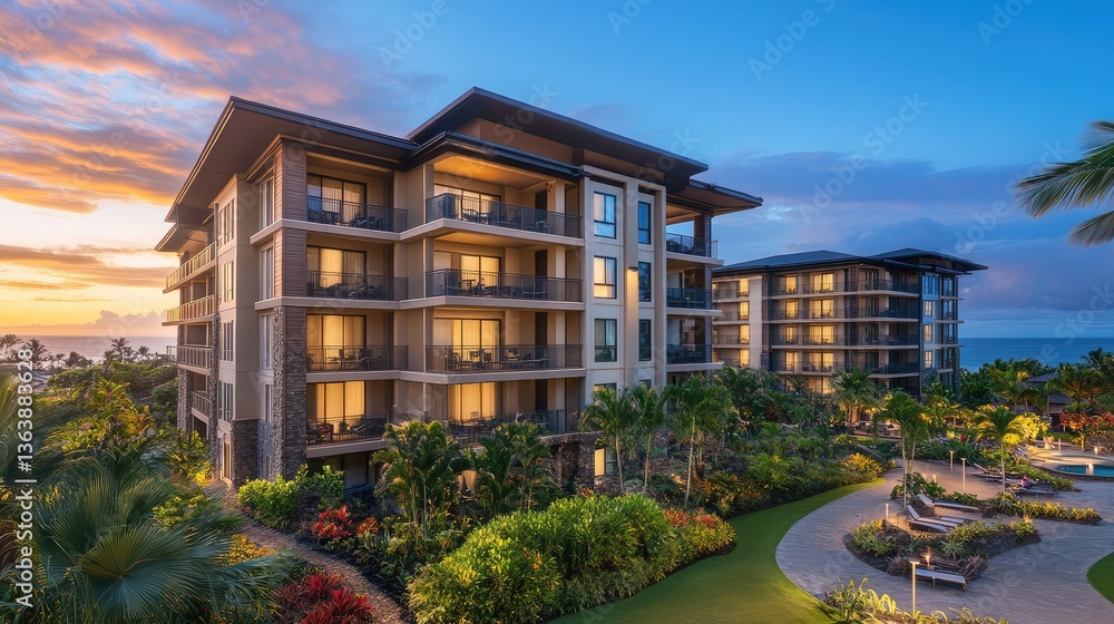 Fototapeta premium Resort-style hotel exterior with large balconies, tropical gardens, and ocean views at sunset. A serene and luxurious setting. Copy space included.