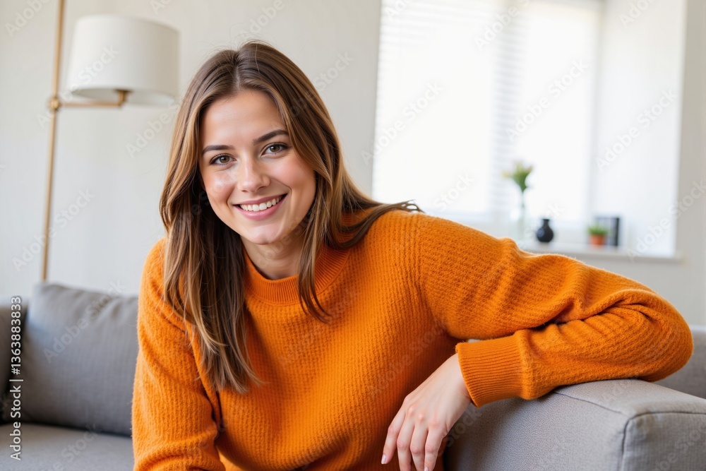 Smiling Young Caucasian Woman in Orange Sweater Sitting on a Sofa in a Bright, Modern Living Room with Natural Light and Comfortable Decor Smiling Young Caucasian Woman in Orange Sweater Sitting on a Sofa in a Bright, Modern Living Room with Natural Light and Comfortable Decor