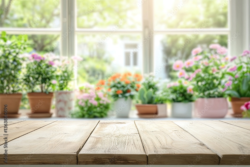 Wooden tabletop with plants in front of a bright window Wooden tabletop with plants in front of a bright window