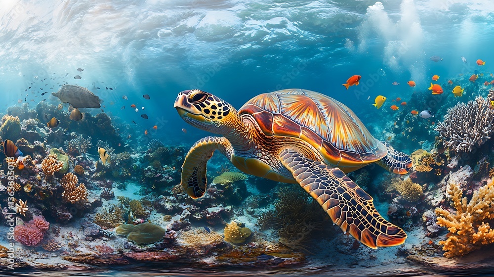 Fototapeta premium Sea Turtle Swimming in Vibrant Coral Reef, A sea turtle swimming gracefully in a vibrant coral reef, surrounded by colorful fish and illuminated