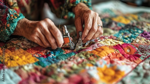 An elderly person skillfully operating a sewing machine on fabric
