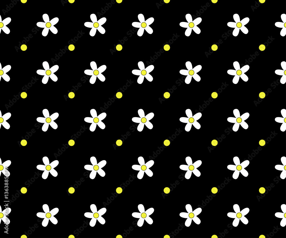 Pattern with daisies, simple stylized flowers on a black background. Bright print, textured design for printing on fabric, clothing, packaging. Pattern with daisies, simple stylized flowers on a black background. Bright print, textured design for printing on fabric, clothing, packaging.