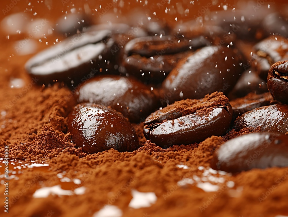 Close-Up Shot of Fresh Coffee Beans with Powder and Water Droplets Close-Up Shot of Fresh Coffee Beans with Powder and Water Droplets