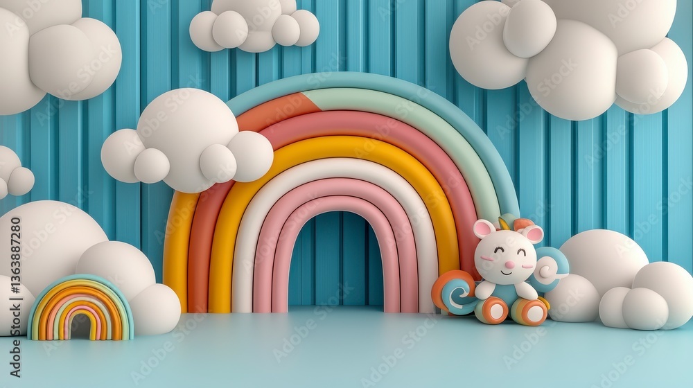 Fototapeta premium Playful Mouse Toy Near Pastel Rainbow and Clouds 3D Render