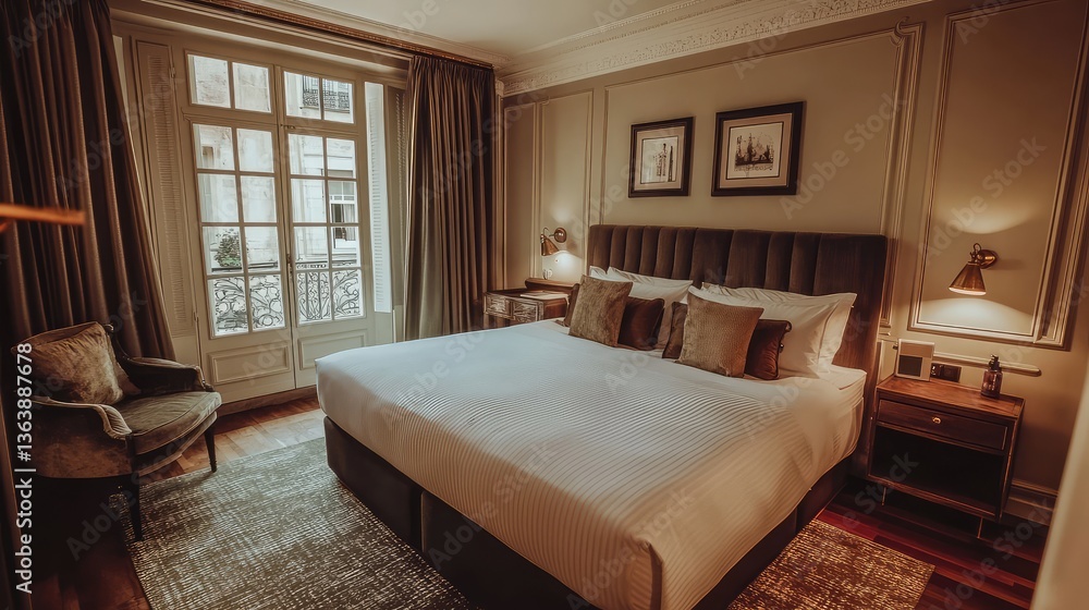 Stylish hotel room with a king-size bed, neutral-toned decor, and soft lighting. Elegant and cozy ambiance with space for branding or design. Stylish hotel room with a king-size bed, neutral-toned decor, and soft lighting. Elegant and cozy ambiance with space for branding or design.