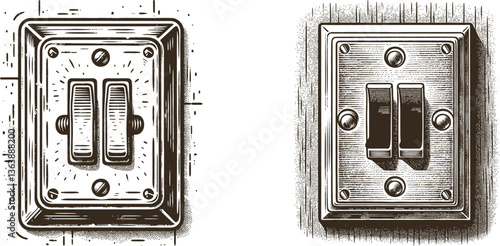 Set of Double Toggle Switch on Wall - Elegant Engraving Design for Home or Office Decor vintage illustration, double toggle switch, wall switch, electrical, home interior, light switch, switches