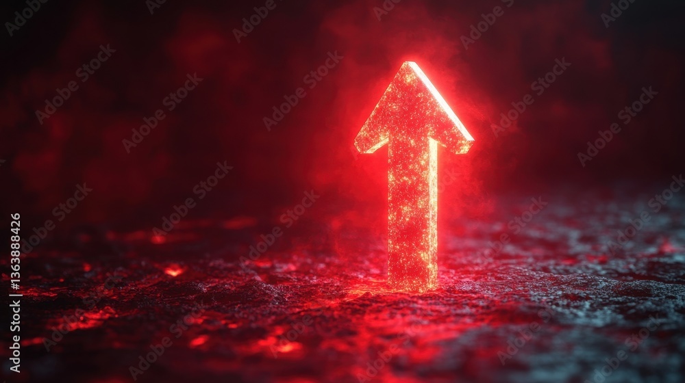 Fototapeta premium Glowing red up arrow rising from dark ground symbolizing growth