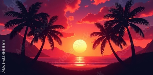 Dark silhouettes of palm trees against a vibrant sunset , sky, dark, sunset