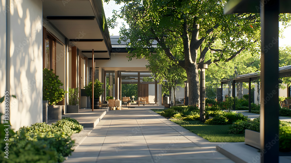 Exterior View Of A Modern Garden Building With Lush Green Foliage And Pathway Under Bright Sunlight Exterior View Of A Modern Garden Building With Lush Green Foliage And Pathway Under Bright Sunlight