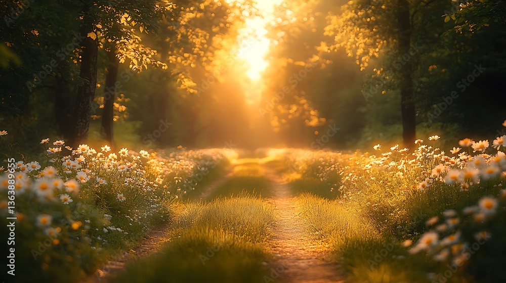 Sunlit Pathway Through a Forest Meadow with Daisies, Golden Hour Glow, Nature, Tranquility, Warm Light, Outdoor Scene. Sunlit Pathway Through a Forest Meadow with Daisies, Golden Hour Glow, Nature, Tranquility, Warm Light, Outdoor Scene.