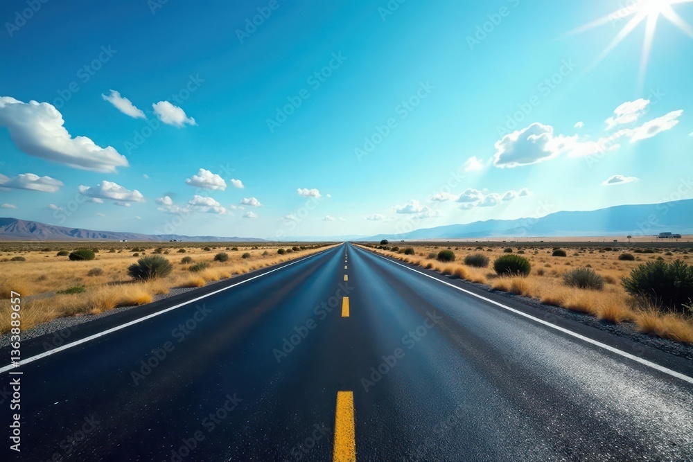 Naklejka premium Dark asphalt ribbon stretches to horizon under vast blue sky, clear sky, blue sky