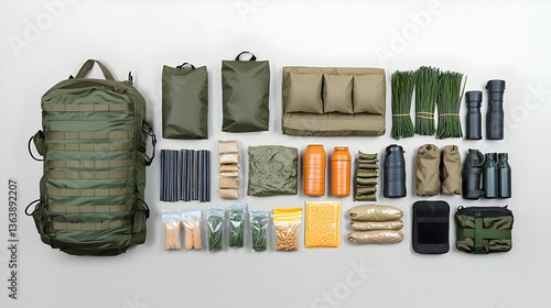 Military Backpack And Survival Supplies Displayed