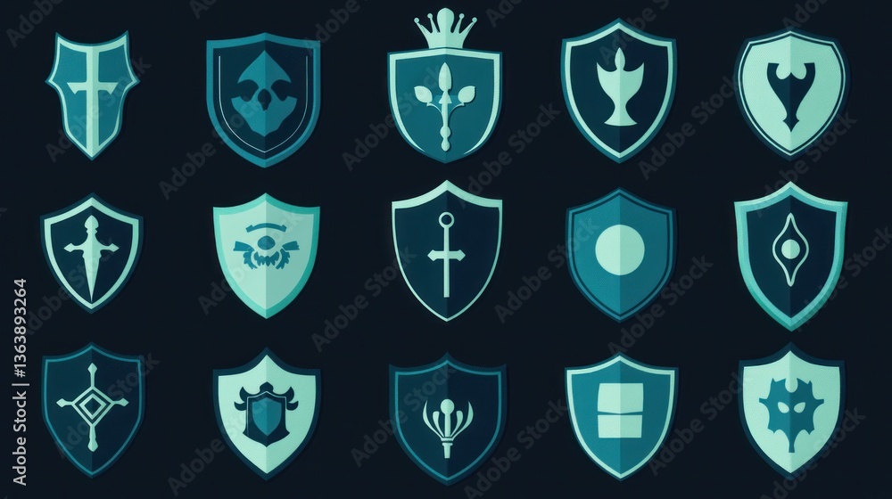 Teal fantasy shields collection, heraldic symbols, dark background, game asset Teal fantasy shields collection, heraldic symbols, dark background, game asset