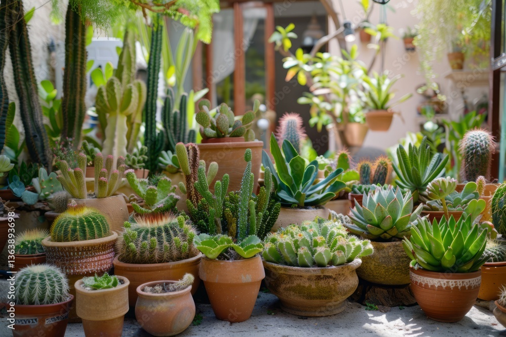 A wide-angle shot of a small garden area featuring a variety of cacti and succulents in rustic pots, A wide-angle shot of a small garden area featuring a variety of cacti and succulents in rustic pots,