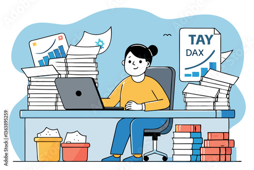 Person sitting at a desk, working on tax day surrounded by piles of paperwork and tax documents, managing financial tasks with a laptop.