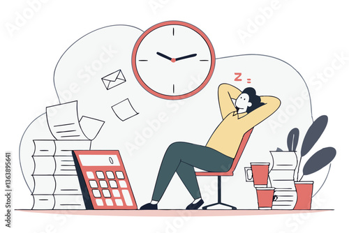 Exhausted office worker falling asleep at desk, surrounded by coffee cups, documents, and a giant calculator on tax day background.