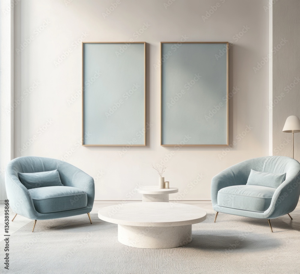 Fototapeta premium Modern living room with two blue armchairs, a coffee table, and light blue artwork.