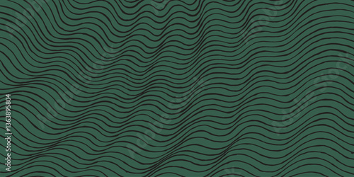 Hand drawn thin brush lines abstract minimal waves and ripples pattern in green, Japanese, ethnic handcrafted, wood carving textured background, simple water graphic for textile, carpet, 