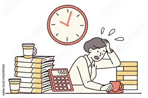 Panicked office worker dealing with endless paperwork and caffeine overload, racing against the clock on tax day background.