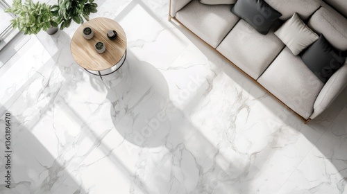 Modern living room with white marble floor, light beige sofa, and wooden coffee table
