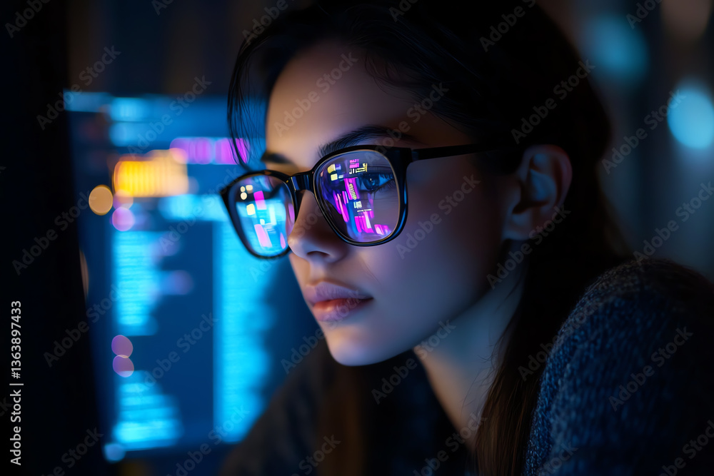 Focused programmer with code reflected in glasses at night. Focused programmer with code reflected in glasses at night.