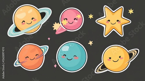 Smiling Celestial Planets, Star Stickers, Dark Background, Educational