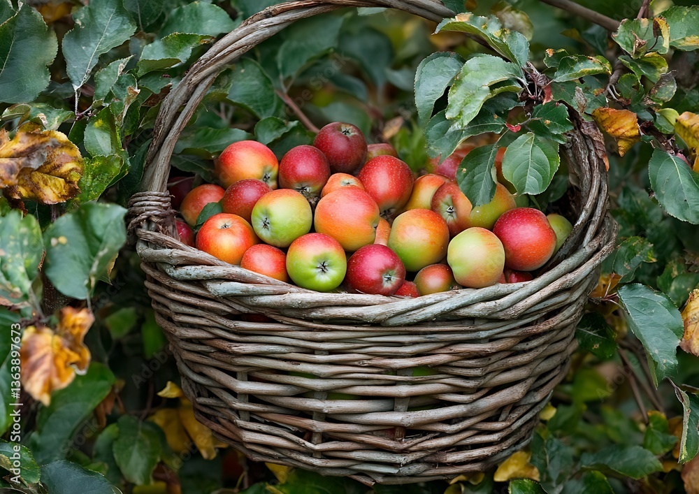 A Wicker Basket Filled With Freshly Picked Apples In Nature A Wicker Basket Filled With Freshly Picked Apples In Nature