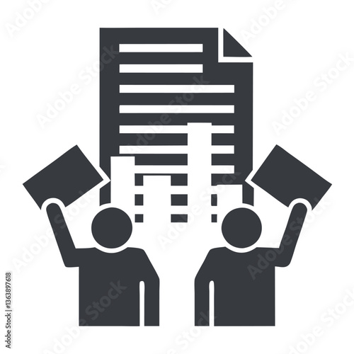 Silhouette of people holding tax documents in front of office buildings, conceptual Tax Day background with financial or governmental theme