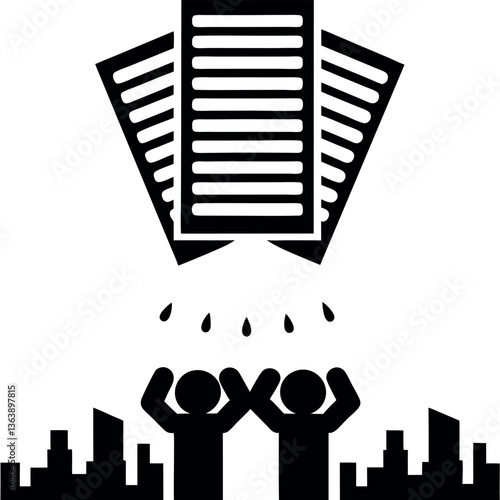 Illustration of people with hands raised as tax forms fall from the sky, dramatic Tax Day background, symbolizing tax burden and submission