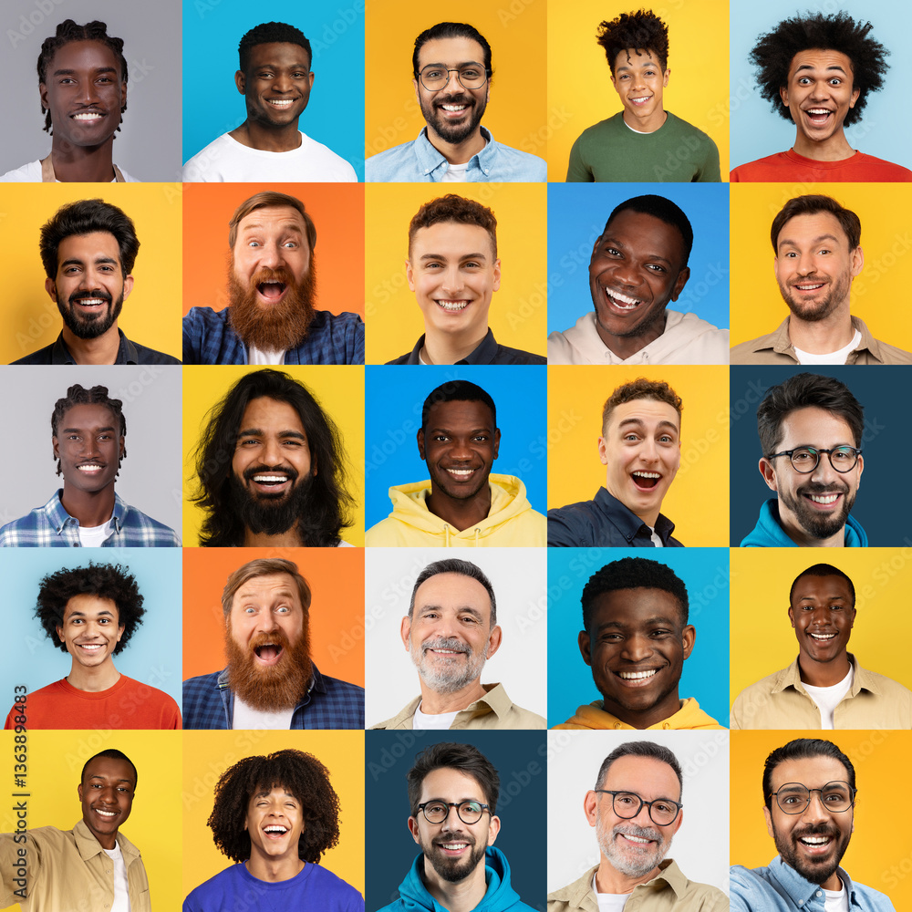 A vibrant collage features a diverse group of men expressing joy. Each individual showcases unique backgrounds and hairstyles A vibrant collage features a diverse group of men expressing joy. Each individual showcases unique backgrounds and hairstyles