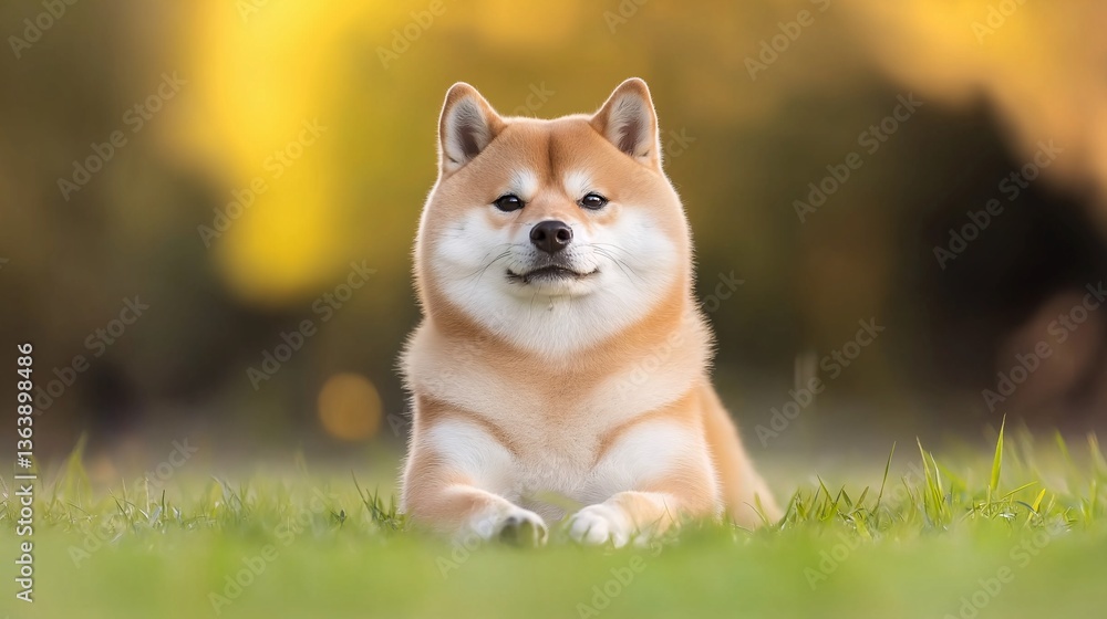Adorable Shiba Inu Puppy Relaxing in Lush Green Grass Outdoors at Sunset Adorable Shiba Inu Puppy Relaxing in Lush Green Grass Outdoors at Sunset
