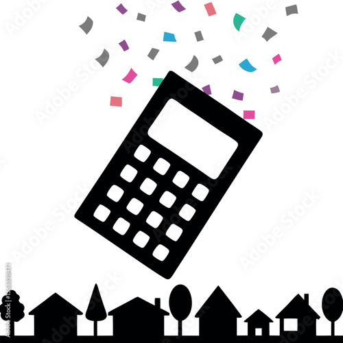 Colorful confetti pouring from giant calculator, representing tax calculations over homes, vibrant and playful Tax Day background concept