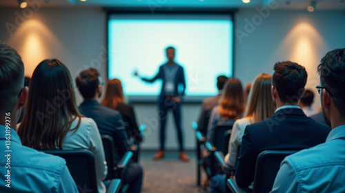 Modern conference room filled with attentive diverse audience listening focused on blurred professional speaker presenter man or college teacher presenting with projection screen in distance at front.