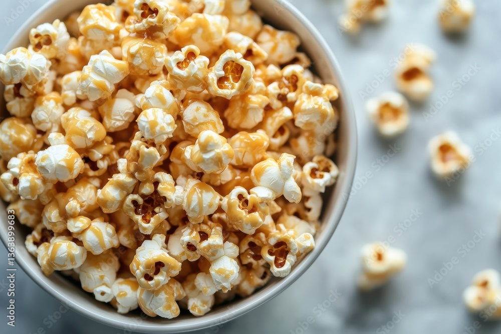 Delicious Caramel Popcorn in a Bowl on a Light Background Delicious Caramel Popcorn in a Bowl on a Light Background