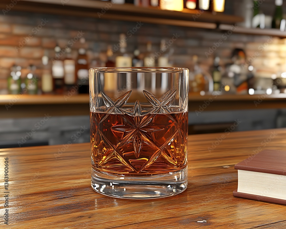 Whiskey in a cut glass on bar. Whiskey in a cut glass on bar.