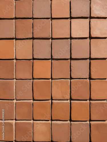 Top view of reddish brown rustic natural stoneware outdoor floor. Classic rough anti-slip matte terracotta ceramic square tiles for paving, terrace, porch, patio, pool exterior texture background.