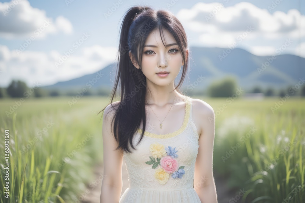 Asian Woman in Sundress Standing in Field, Rural Landscape with Mountain Backdrop, Portrait Asian Woman in Sundress Standing in Field, Rural Landscape with Mountain Backdrop, Portrait
