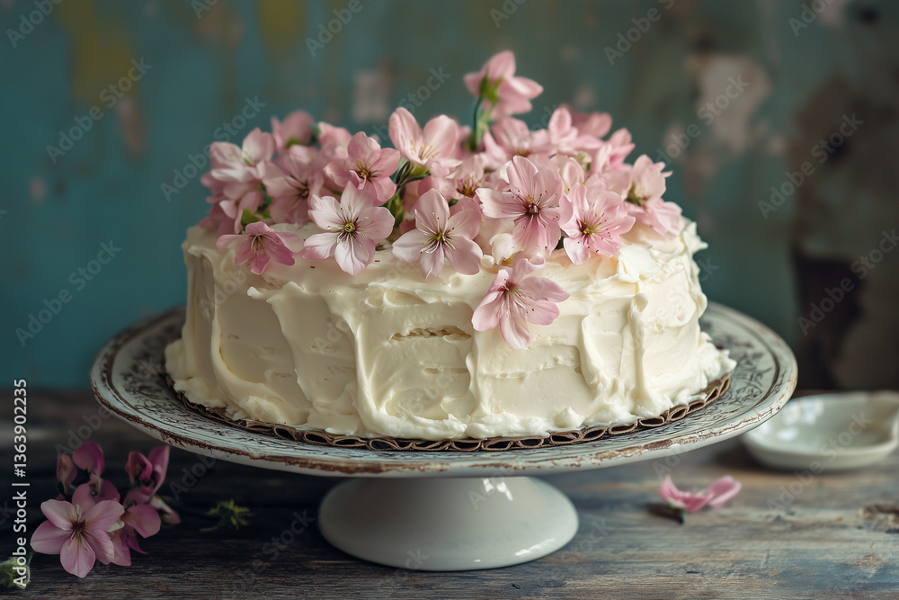 Iced Cake Topped with Pink Flowers on a Vintage Cake Stand Iced Cake Topped with Pink Flowers on a Vintage Cake Stand
