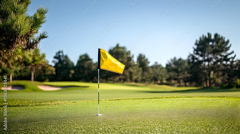 Obraz premium A vibrant yellow golf flag stands tall on a lush green putting green under a bright sunny sky at a beautiful golf course.