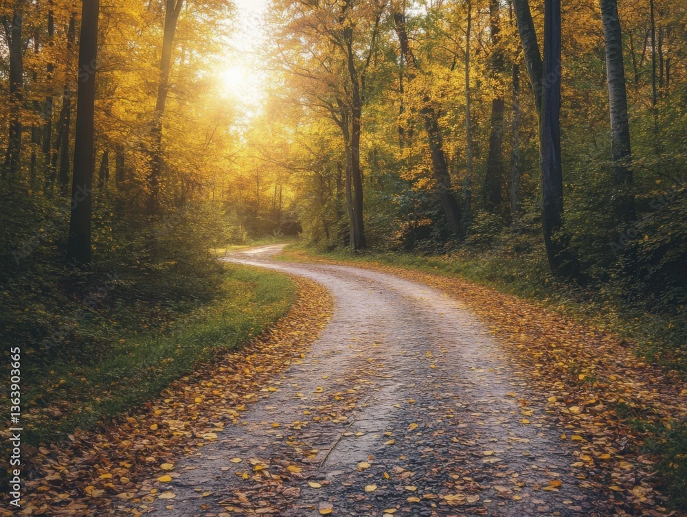 Obraz premium Winding path through autumn forest with forced perspective and golden hour lighting and copy space above