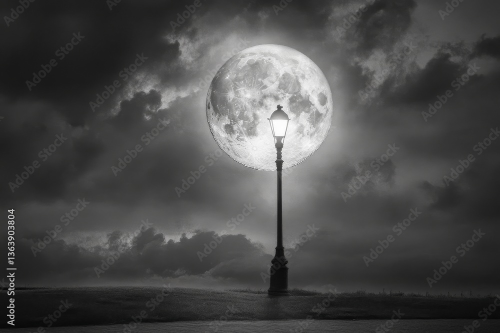 Fototapeta premium Surreal moonlight lamp post in black and white landscape