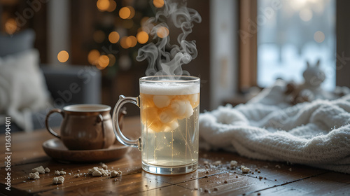 A glass hot hot plain water with steam on the living room wooden table, rehydrate during the cold winter