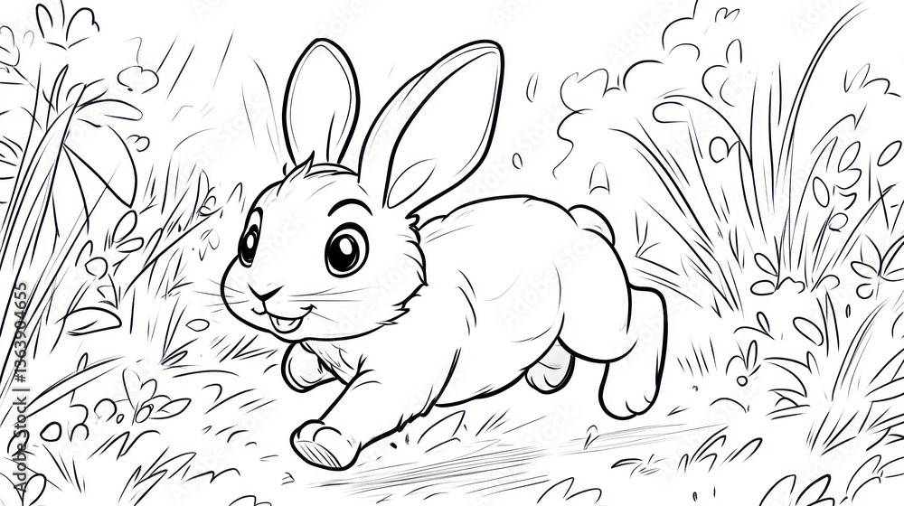 Obraz premium Happy bunny hopping through meadow; nature background; children's book illustration