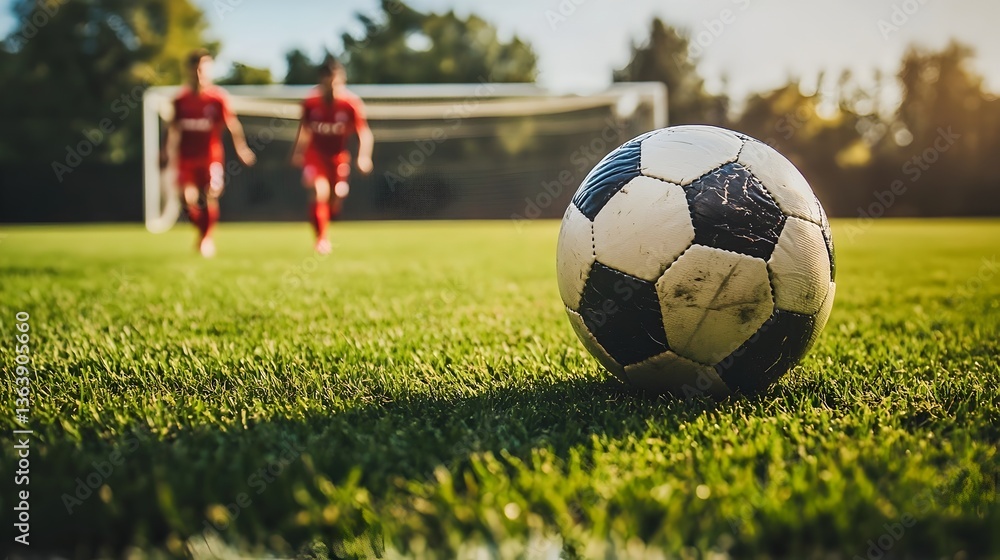 Fototapeta premium A well-worn soccer ball sits on a lush green field with two players running towards a goal in the background on a sunny day.
