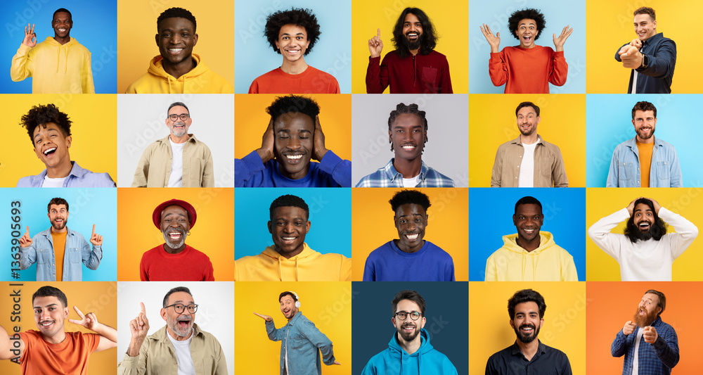 © Prostock-studio - A lively collection of joyful individuals, featuring men of various backgrounds, expressing happiness against a bright, colorful backdrop. The atmosphere is cheerful and inclusive. © Prostock-studio - A lively collection of joyful individuals, featuring men of various backgrounds, expressing happiness against a bright, colorful backdrop. The atmosphere is cheerful and inclusive.