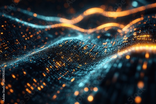 Abstract quantum encryption with glowing particles and space below