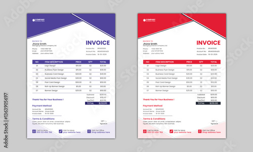 Creative Professional Business Minimal Invoice Design, Clean invoice template design. Simple Invoice Layout. Bill payment, Price receipt, Invoice bill, Invoice Set.